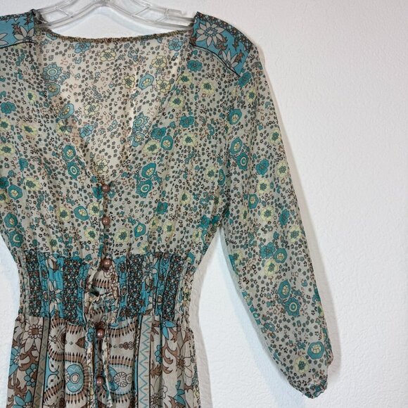 Bohemian Floral Chiffon Long Maxi Dress Sheer Coastal Flowy Beachy XS - Picture 7 of 12